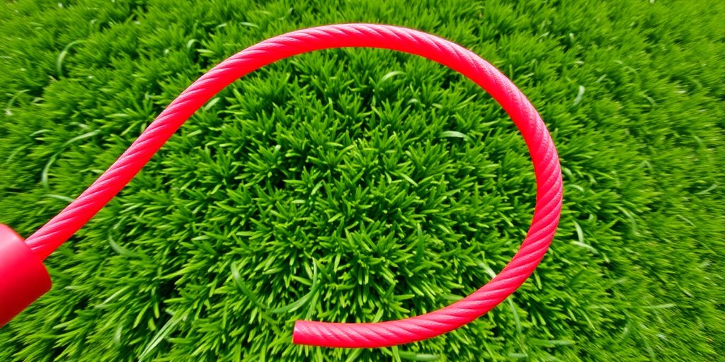 Rode springtouw in actie op groene gras.
