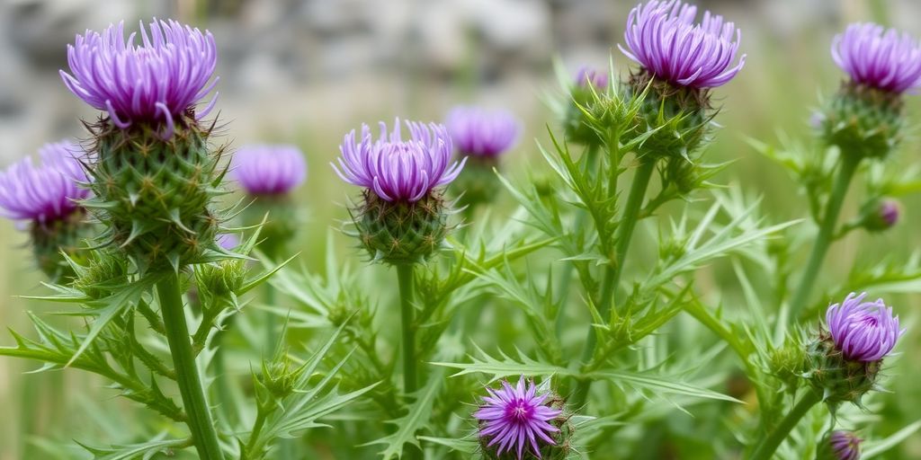 Green milk thistle plants with purple flowers in nature.