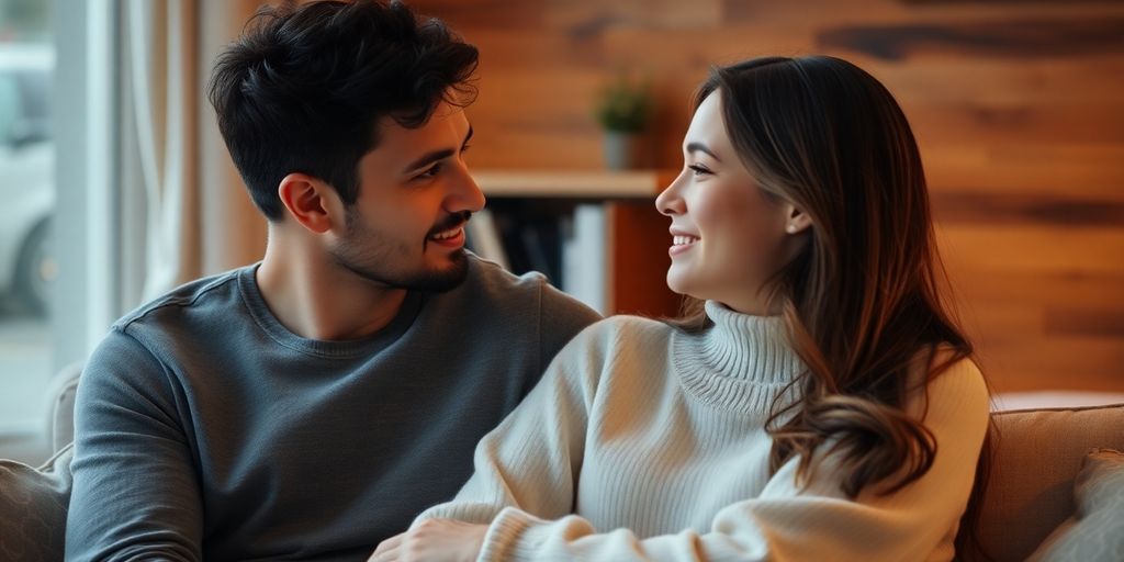 Couple having an intimate conversation in warm lighting.