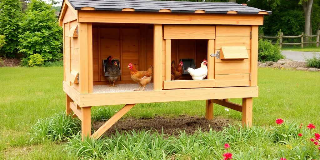 Elevated chicken coop with healthy surroundings for hens.