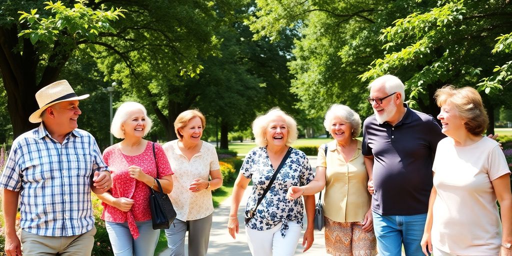 Seniors enjoying nature, smiling, walking together outdoors.