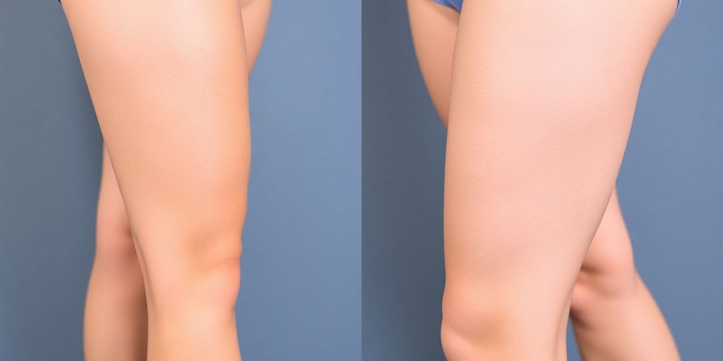 Woman’s legs with smooth skin, one leg showing mild cellulite.