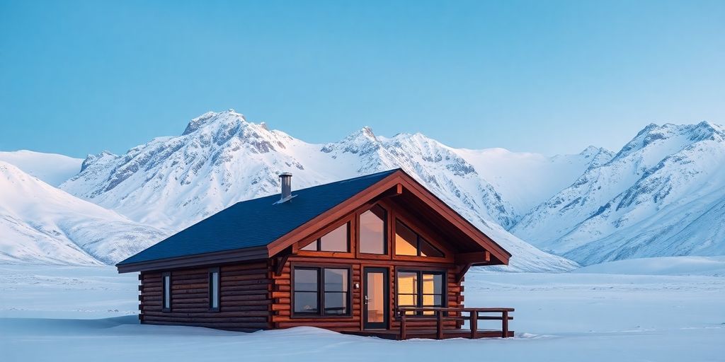 A cozy cabin with glowing windows in a snowy Alaska.