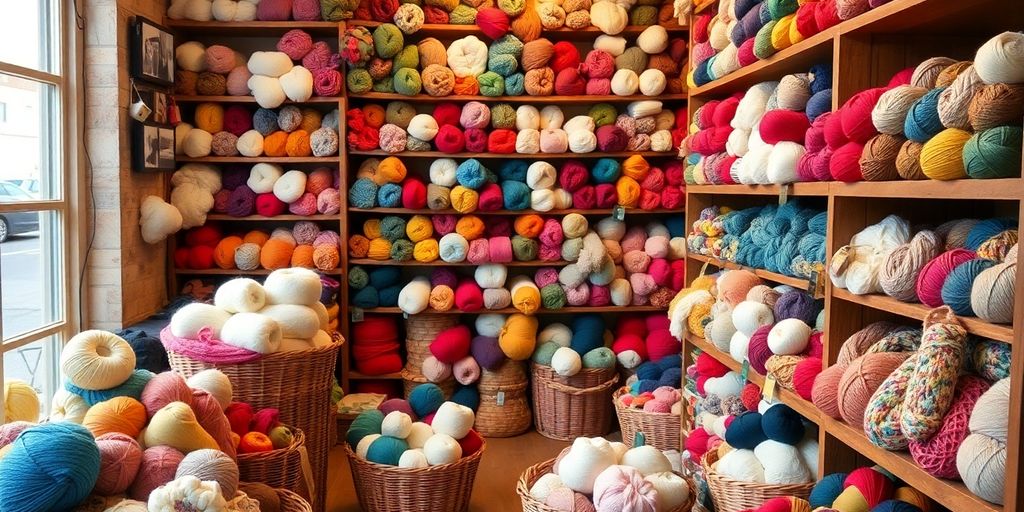 Colorful yarns neatly arranged on shelves.