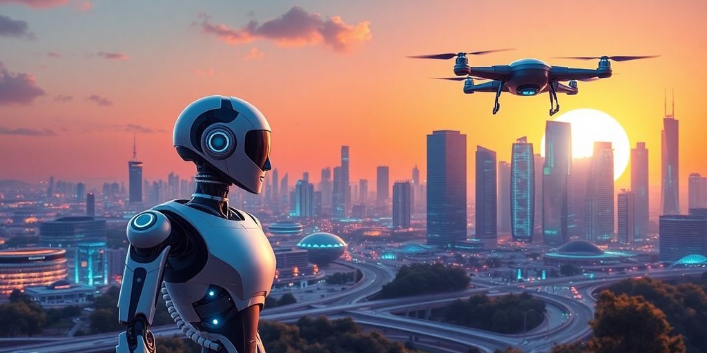 Futuristic city with AI robots and digital interfaces.