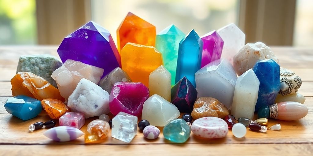 Varie pietre preziose colorate su una superficie di legno.