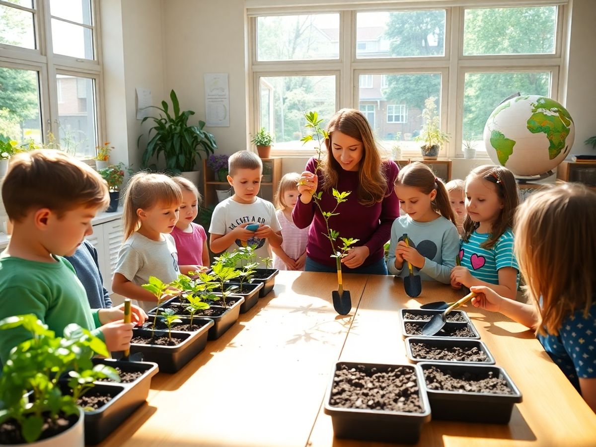 Elevi şi profesor într-o clasă luminoasă cu plante şi răsaduri