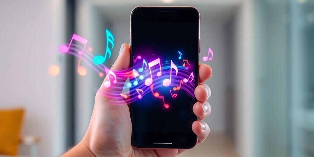 Music notes flowing from a smartphone.
