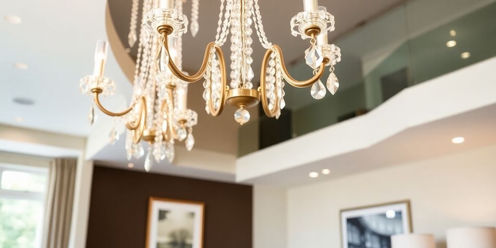 Crystal chandelier gleams in modern room.