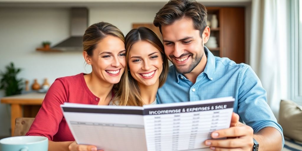 Aussie couple reviewing a colourful spreadsheet on a laptop.