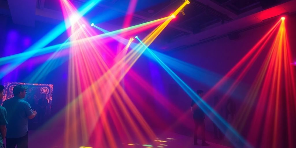 Iluminação moderna em festa, luzes coloridas e som.