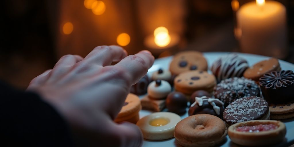 Person reaching for sweets at night.