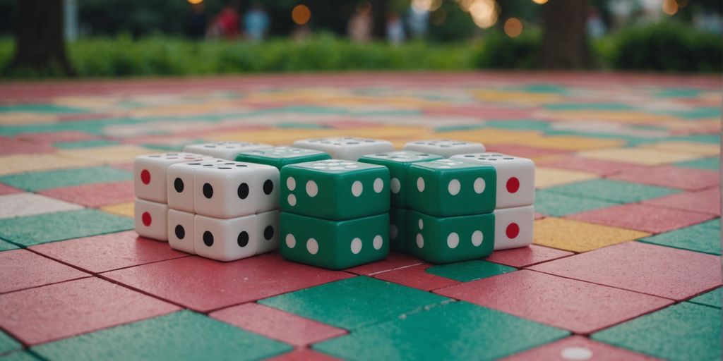 Large Mahjong tiles on a vibrant outdoor game setup.