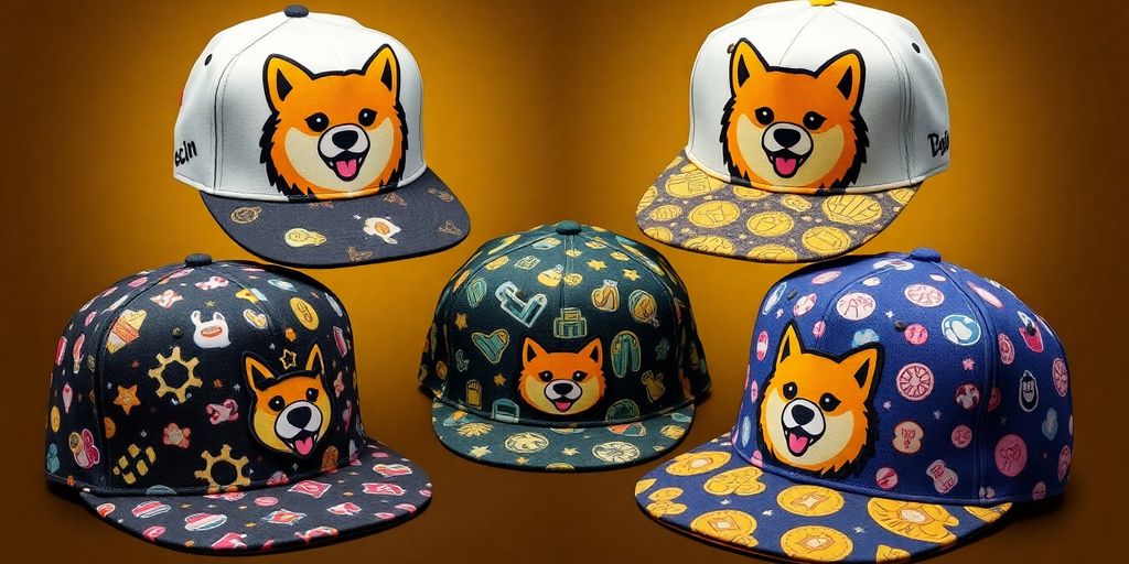 Stylish hats featuring colorful Dogecoin designs.