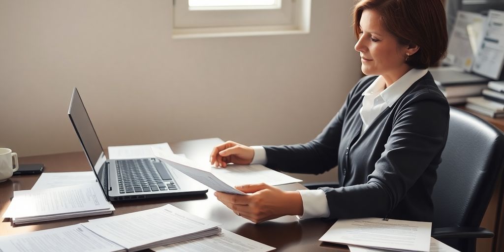 Translator at desk with immigration documents and laptop.