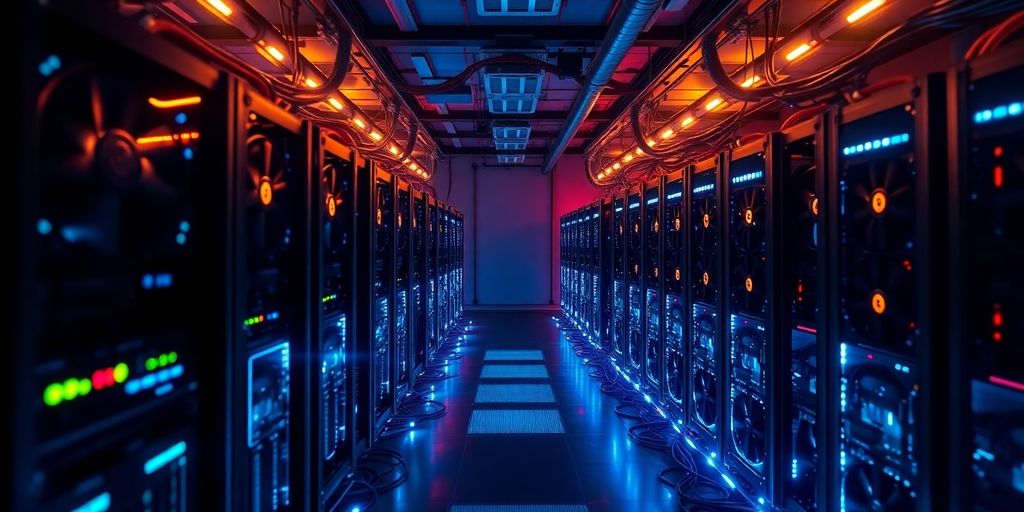 Digital mining farm with illuminated mining rigs.