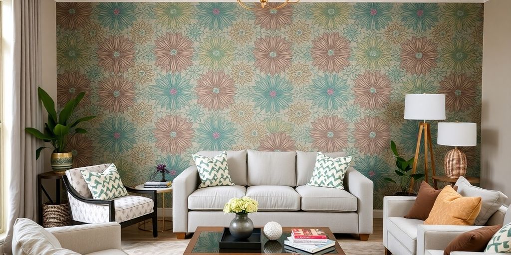Colorful removable wallpaper in a cozy living room setting.