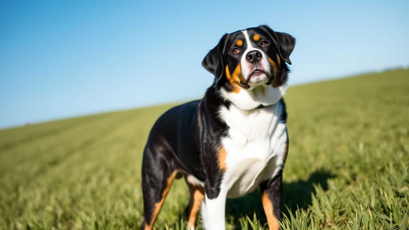 Entlebucher Sennenhund in a green field.