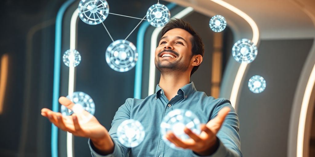 Man juggling multiple glowing digital spheres