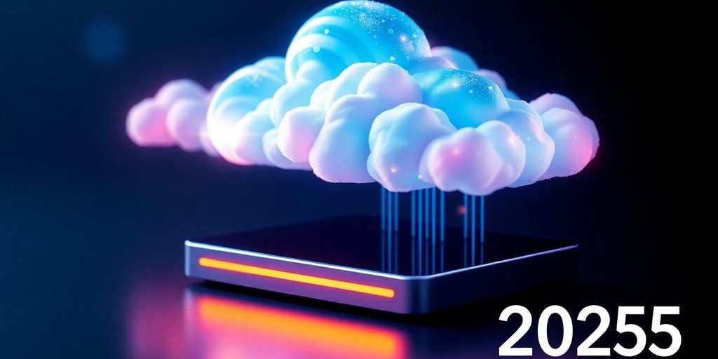 Digital clouds above a modern device, symbolising cloud storage.