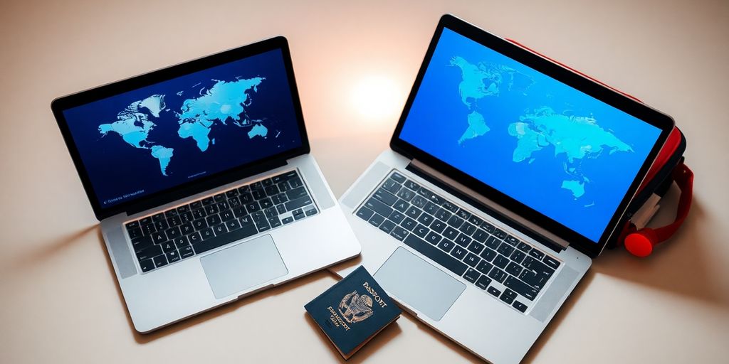 Passport, laptop, global map, open suitcase