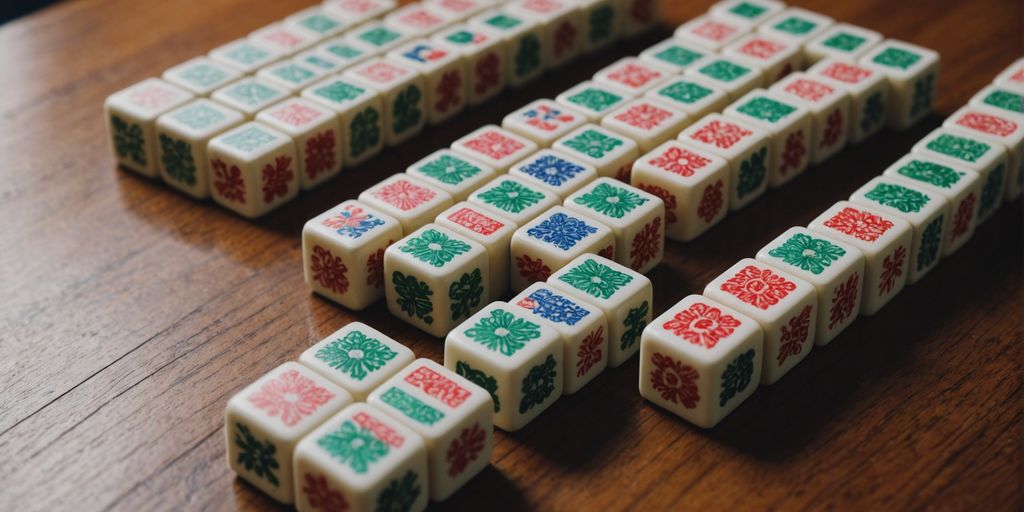 Various Mahjong tiles displayed on a wooden surface.