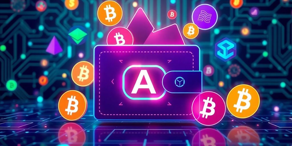 Futuristic AI wallet with cryptocurrency logos and tech patterns.