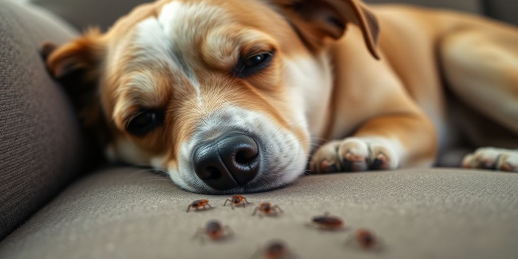 Dog on couch with bed bugs visible on fabric.