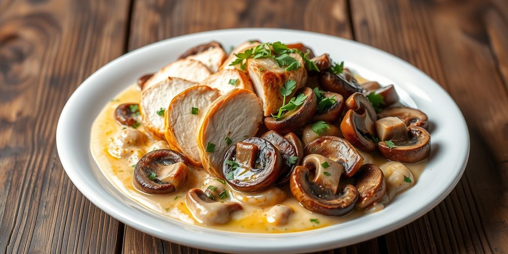 Emincé de poulet avec champignons et crème.