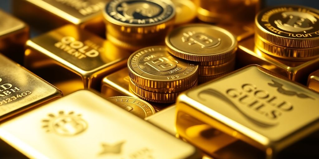 Lingots et pièces d'or brillants sur fond neutre.