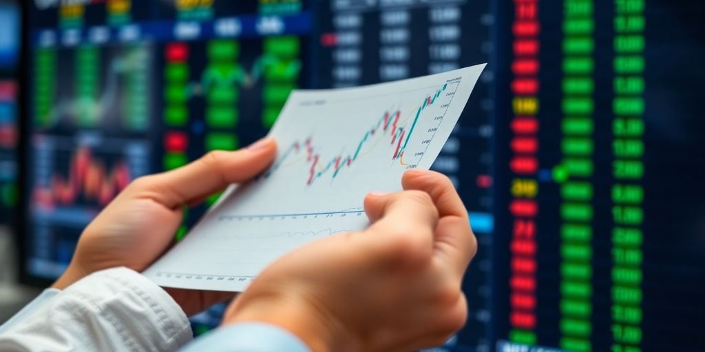 Trader's hand with financial chart in focus.