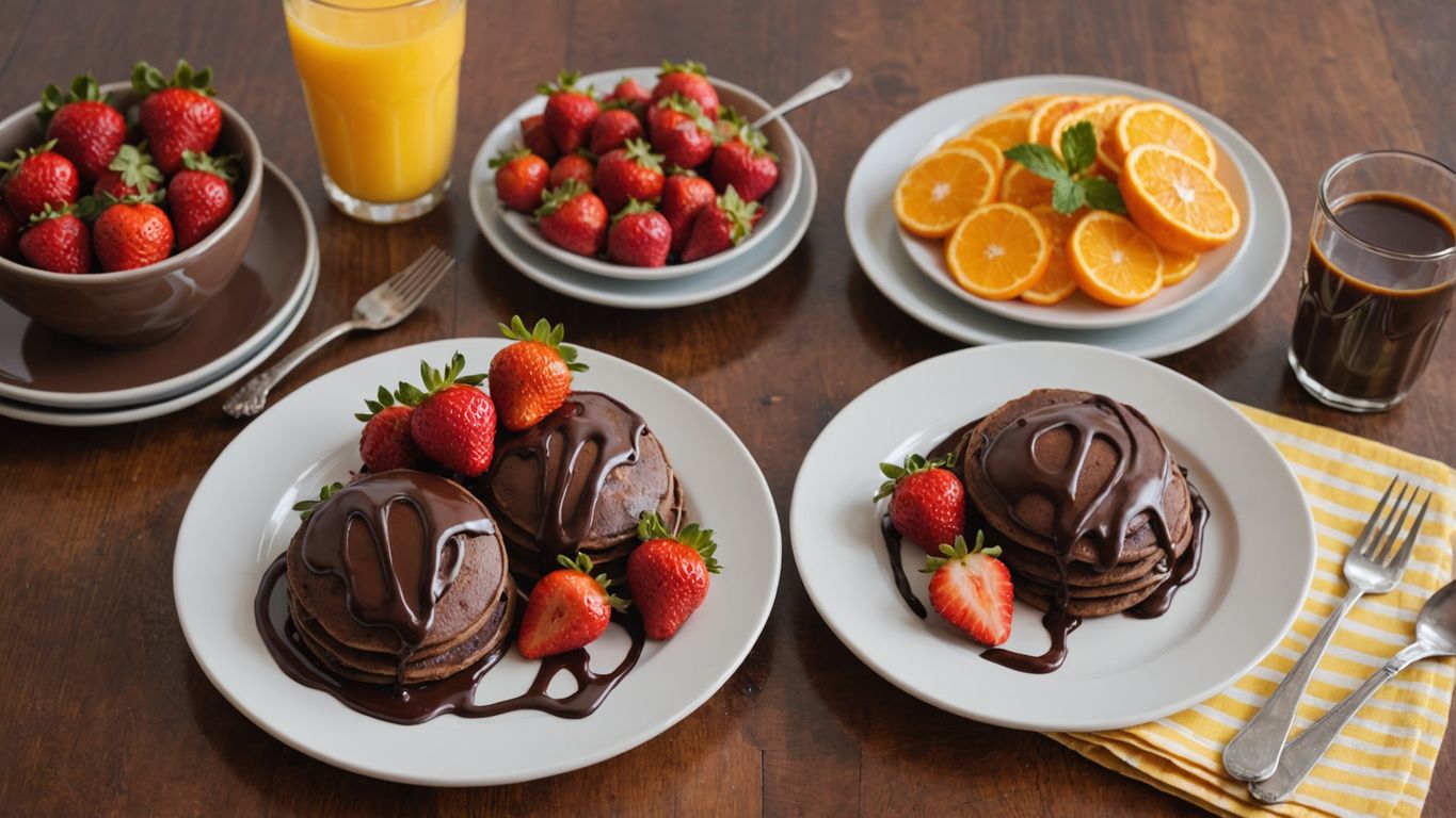 Chocolate pancakes and strawberries breakfast