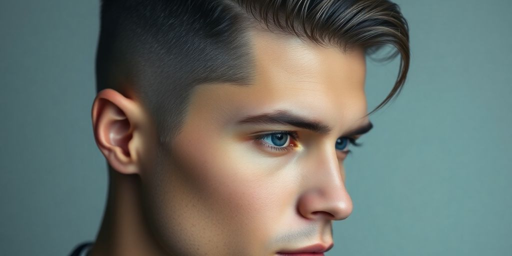Man with modern, sophisticated haircut, neutral background.