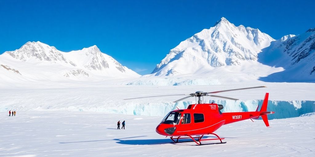 A red helicopter landed on a vast Alaskan glacier.