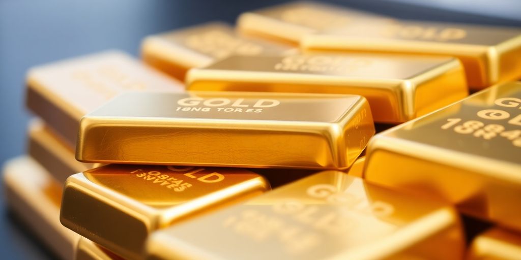 Des lingots d'or brillants empilés en arrière-plan flou.