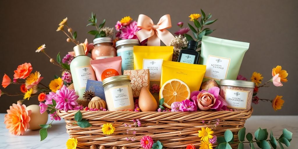 Beautiful gift basket overflowing with goodies.