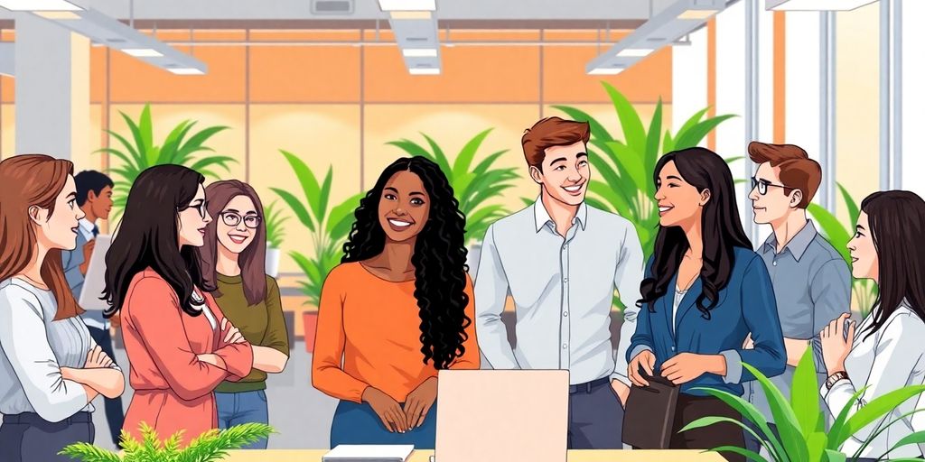 Diverse group of young professionals in office setting.