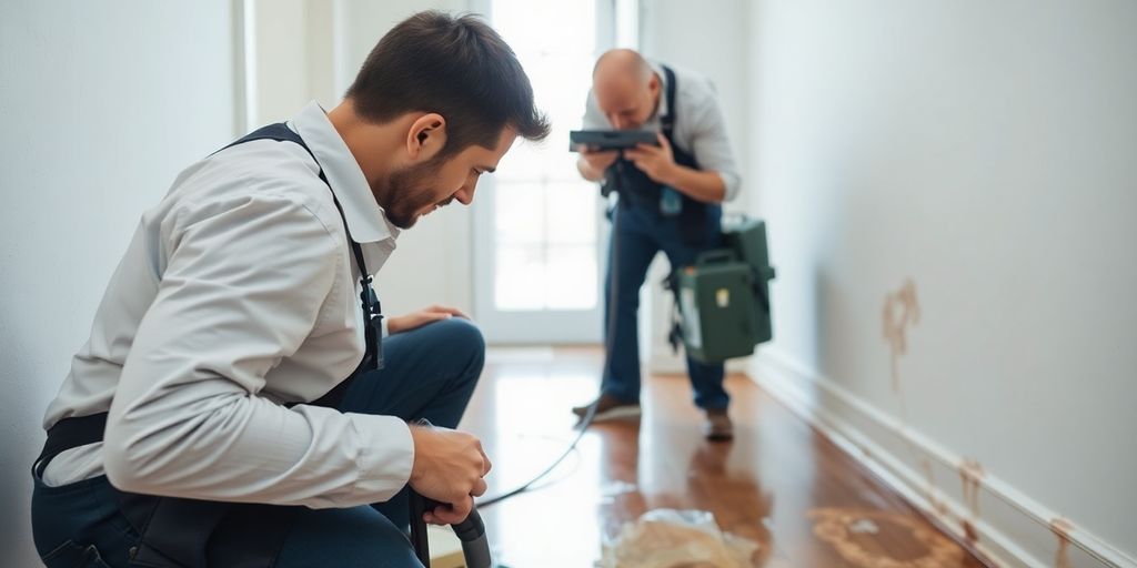 Technician assessing water damage in a home.