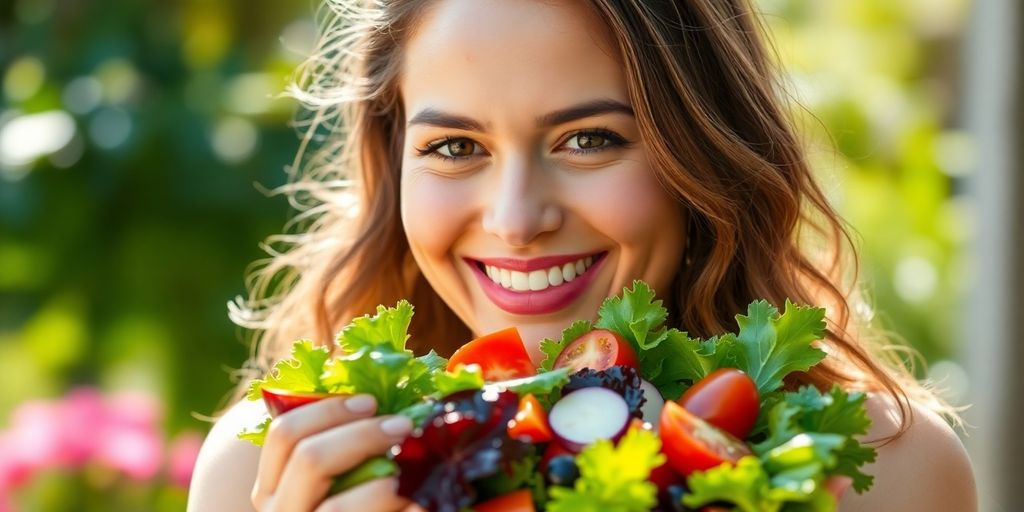 Woman enjoying a vibrant salad, radiating health.