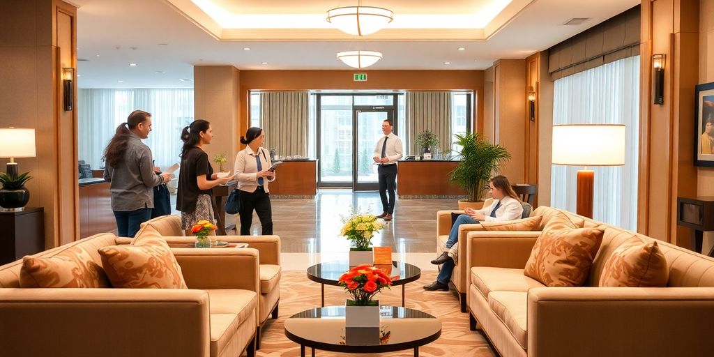 Diverse hotel lobby with multilingual staff and guests.