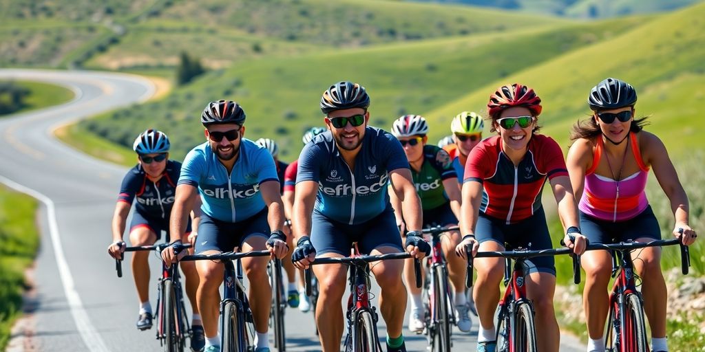 Cyclists riding together on a scenic road.