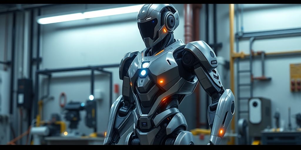 Robô futurista em ambiente industrial moderno.