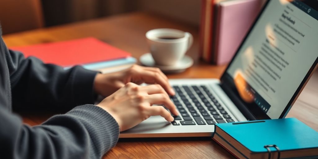 Person typing on a laptop in a cozy workspace.