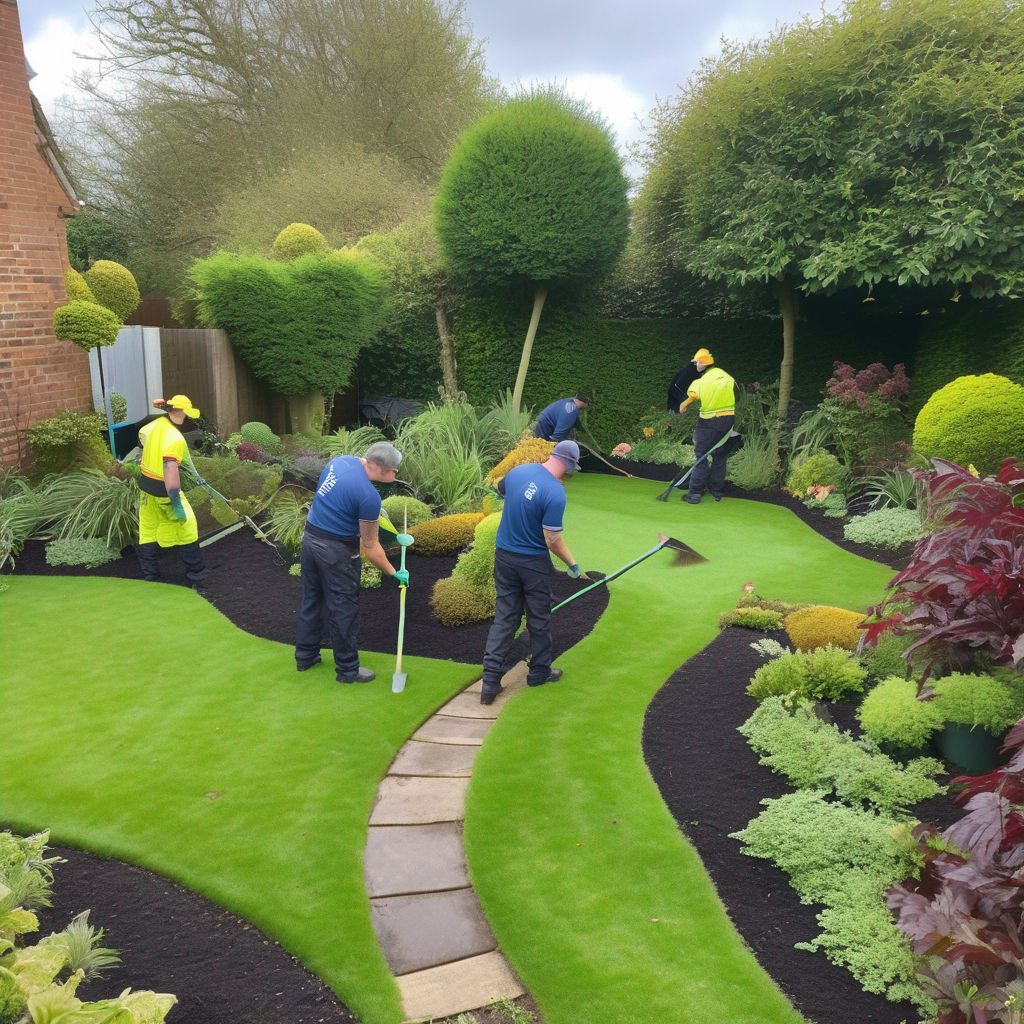 professional garden clearance service team working in a lush garden