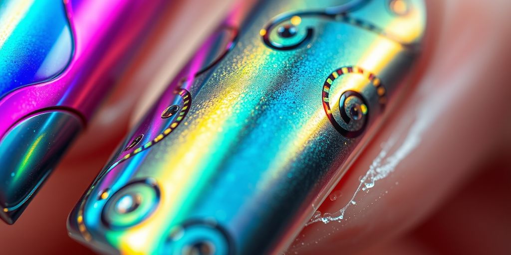 Unhas metalizadas com designs criativos e cores vibrantes.