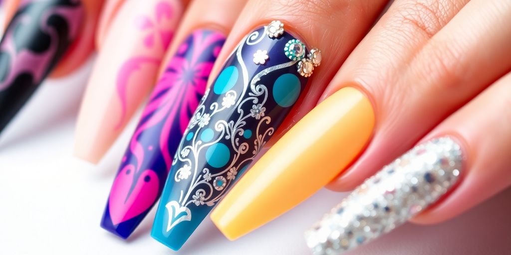 Unhas longas e coloridas com designs variados.