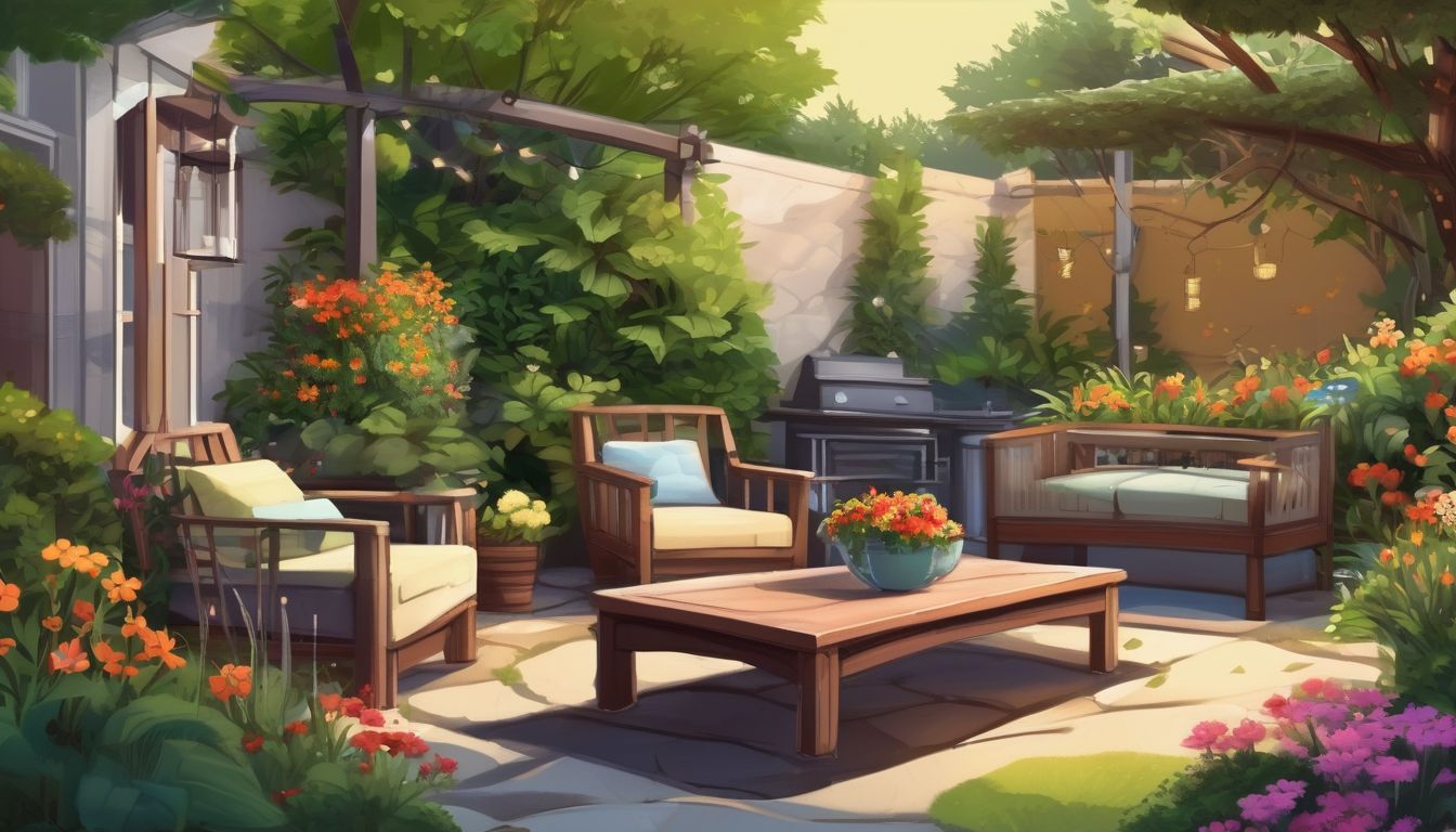 cozy garden seating area with beautiful landscaping