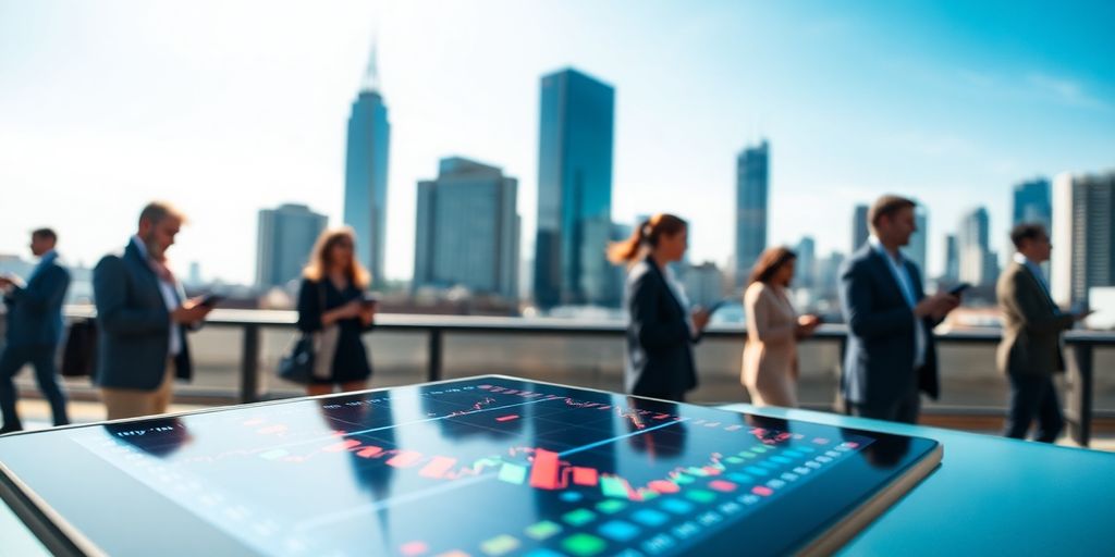 Digital stock market, cityscape, diverse investors.