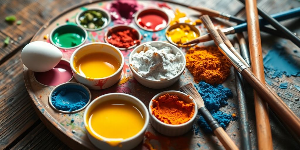 Vibrant tempera paints: eggs, pigments, brushes on wood.