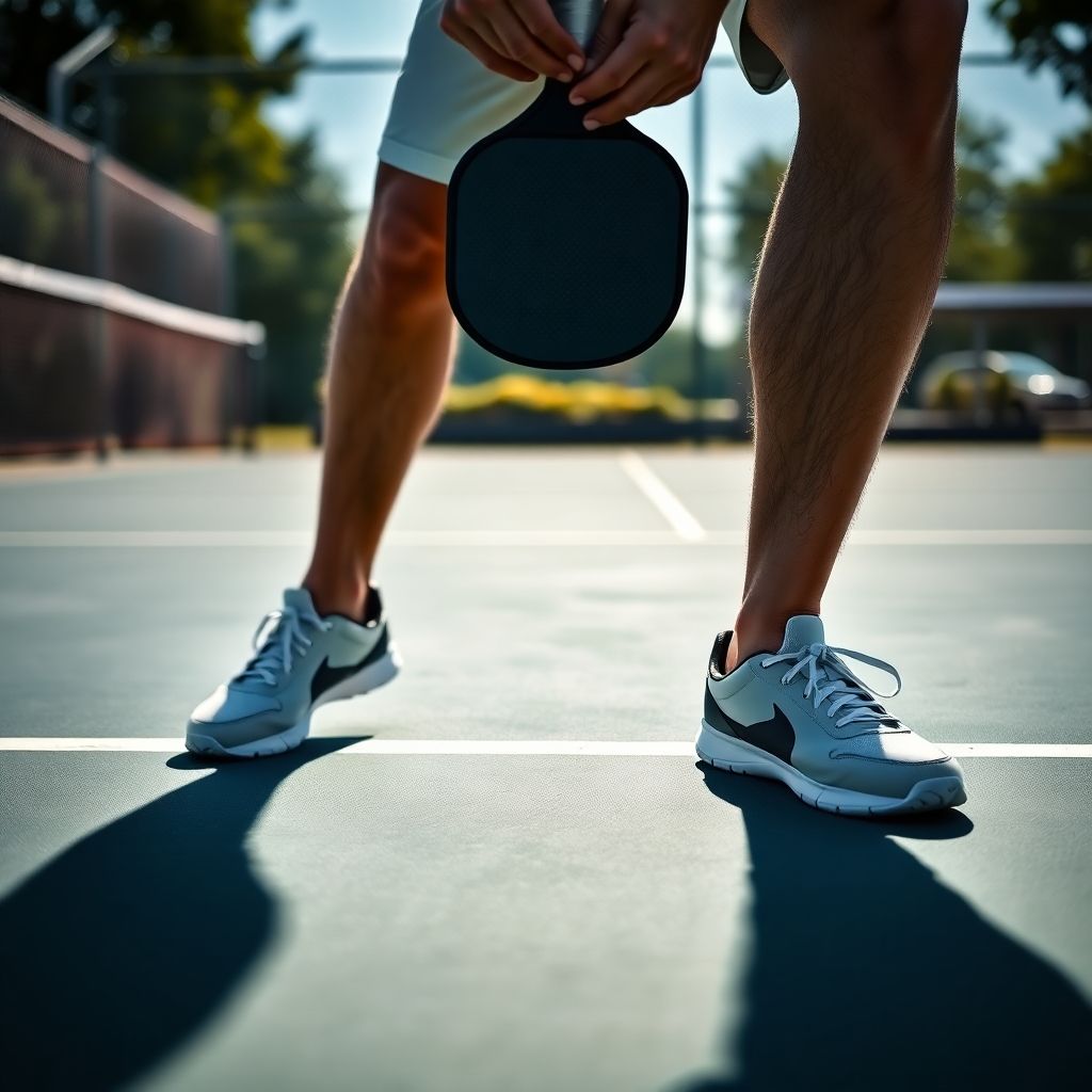 Pickleball player in ready position, feet split.